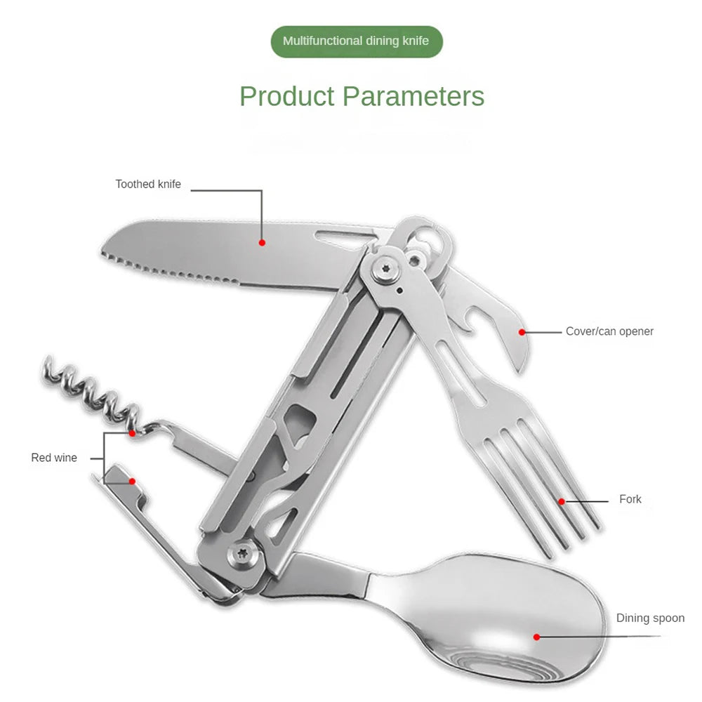 420 Stainless Steel Pocket Knife Multi-tool Portable Fork Spoon Outdoor