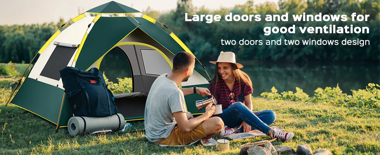 Quick Opening Camping Tent, Waterproof & Windproof, Dual Doors & Windows