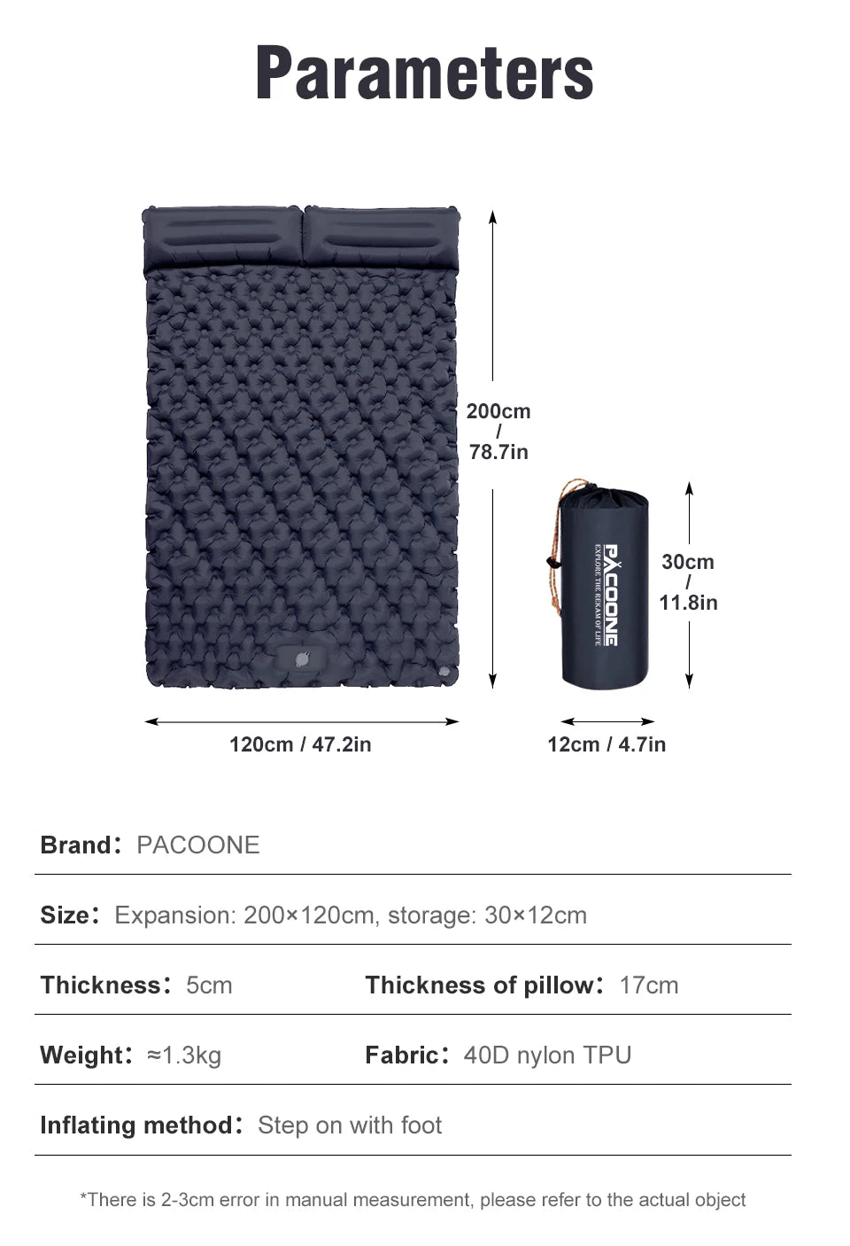 PACOONE Outdoor Camping Double Inflatable Mattress Extra Wide Sleeping Pad