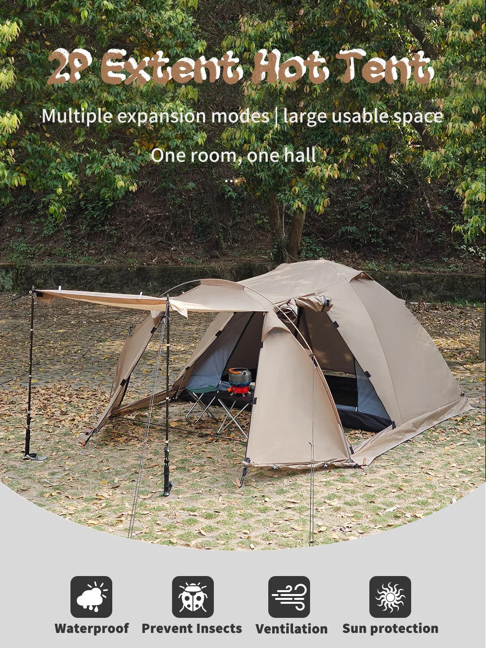 Fireproof Hot Extend Dome with with Stove Jack & Snow Skirt, Tent 2 Person