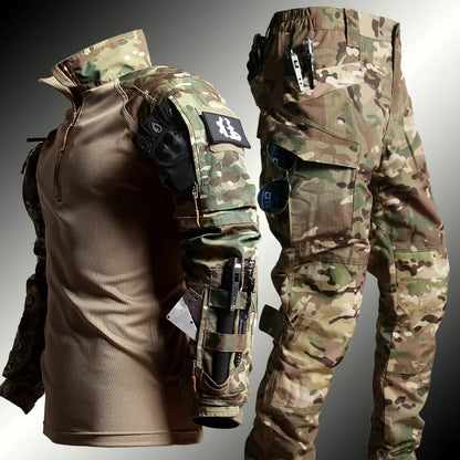 Hiking Tactical Breathable Sets Mens Wear-resisting No Pilling Combat Shirt Male Outdoor