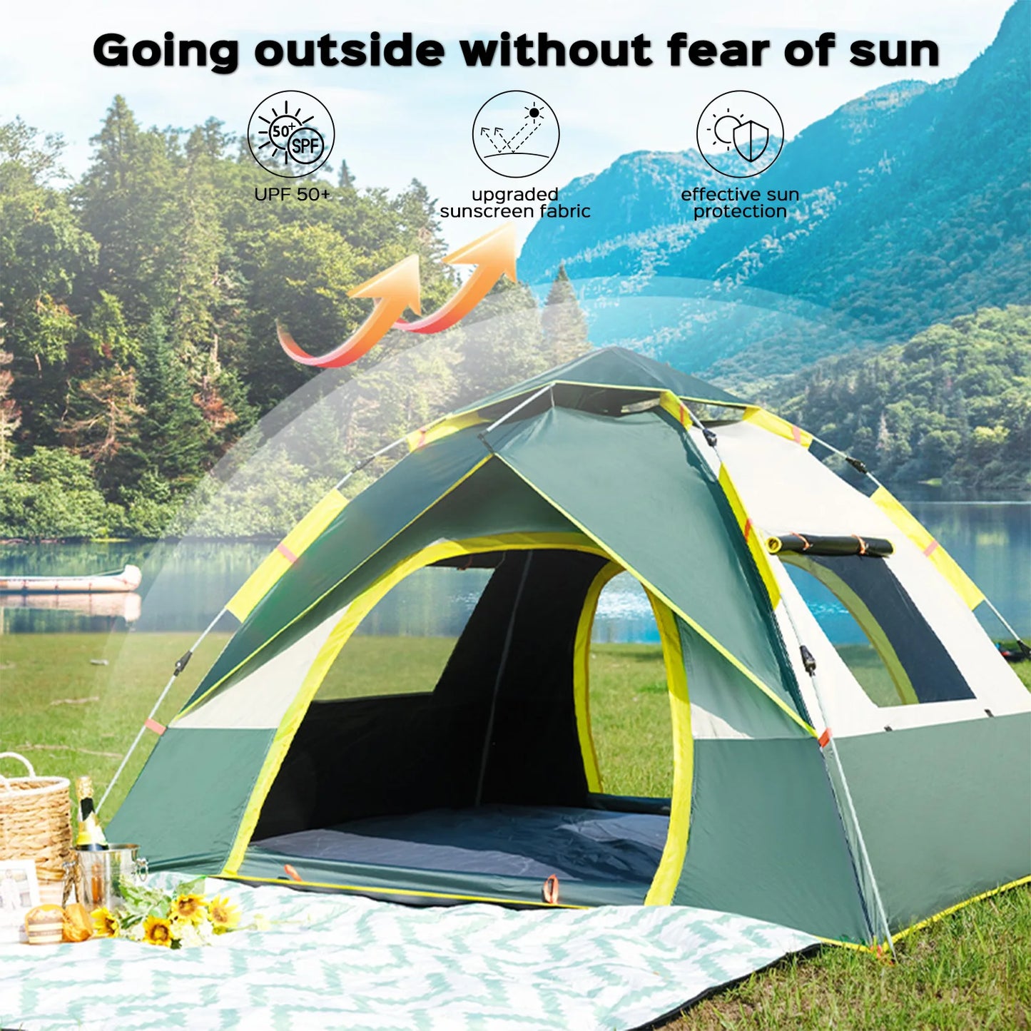 Quick Opening Camping Tent, Waterproof & Windproof, Dual Doors & Windows